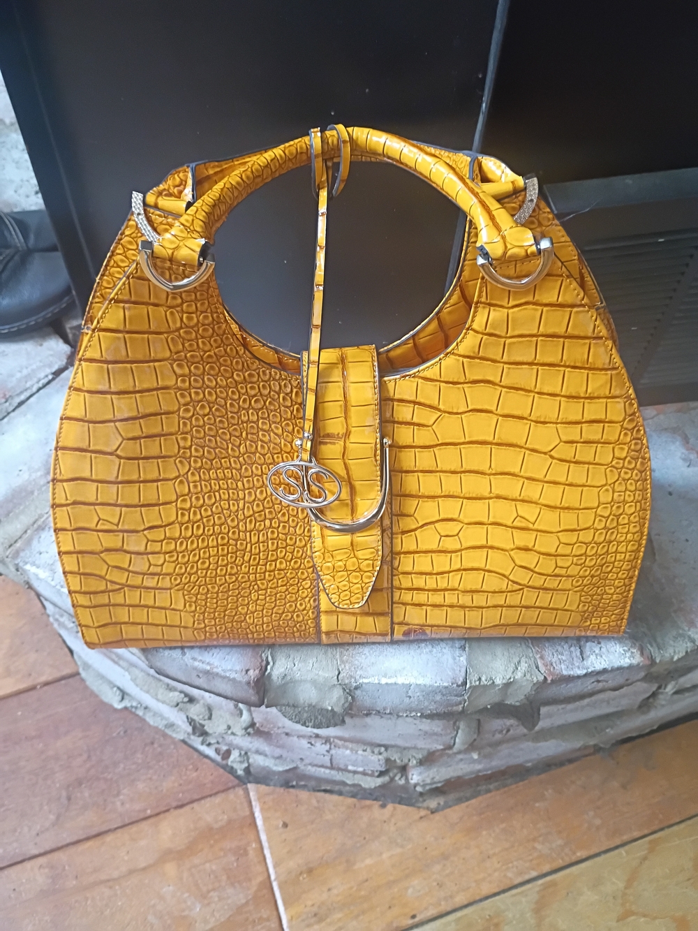 Simply Southern Yellow Croc-Embossed Shoulder Bag with Logo Charm